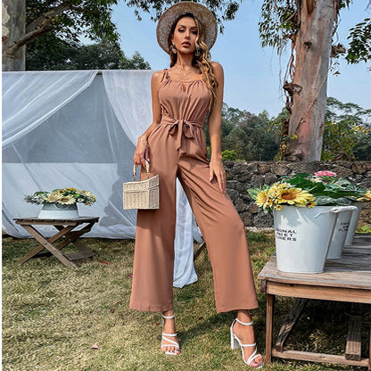 Summer New Hollow Belt Suspenders Wide Leg Jumpsuit