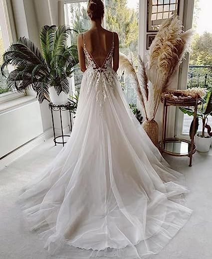 Vestido de novia para mujer con tirantes de encaje sin espalda