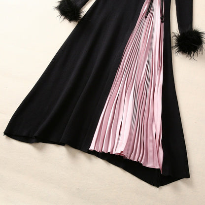 Feather Long Sleeve Base Wool Skirt Black Slimming Knitted