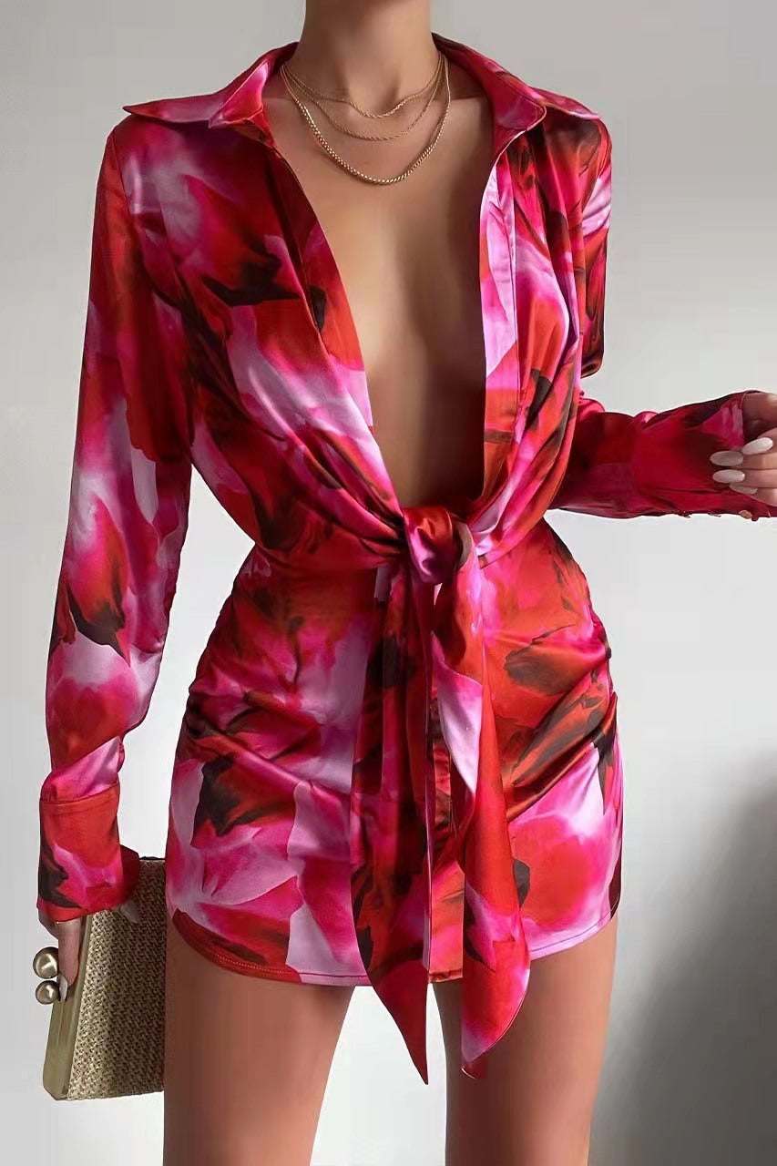 Vestido camisero de manga larga con botones y estampado digital para mujer