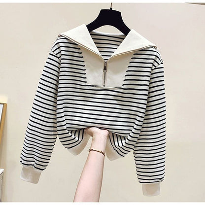 Sports Suit Spring Striped Sailor Collar Zipper Sweater