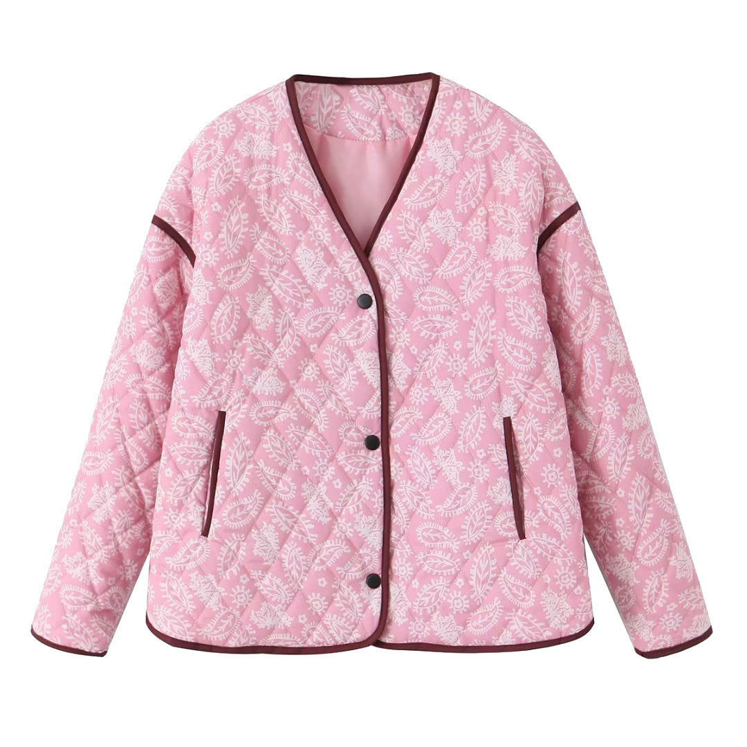 Women's Fashion V-neck Print Loose Casual Patchwork Cotton Coat Jacket