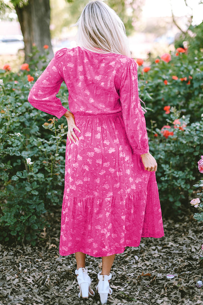 Vestido midi estampado floral plisado con cordón y cintura alta rosa rojo