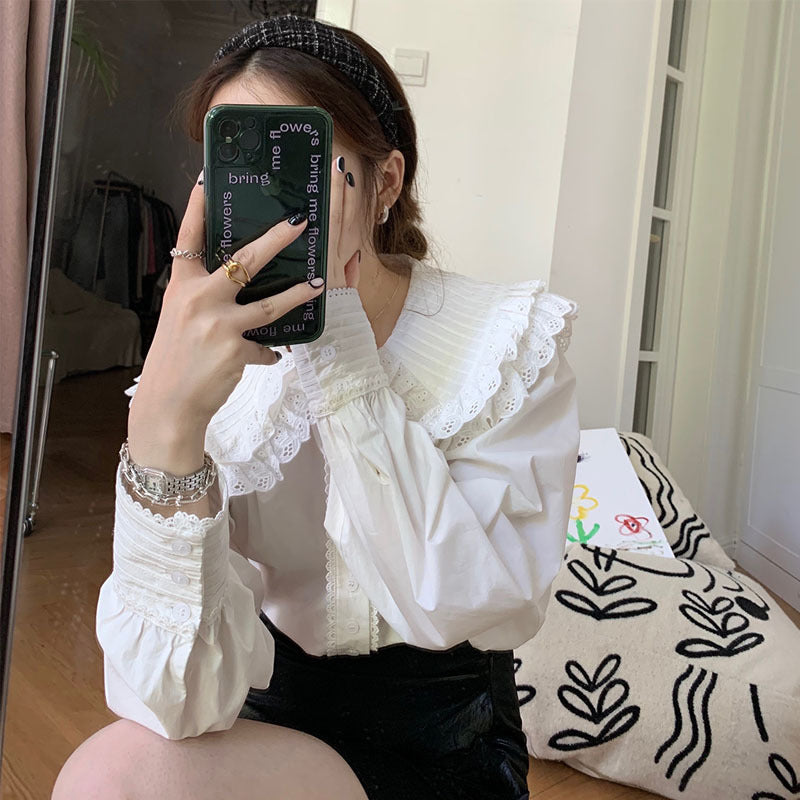 Women's Heavy Black And White Lace Collar Pleated Casual Shirt