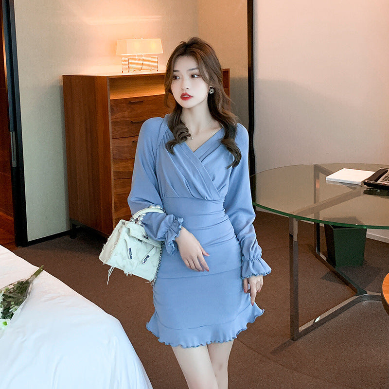 Pleated Wavy Long Sleeve Short Dress