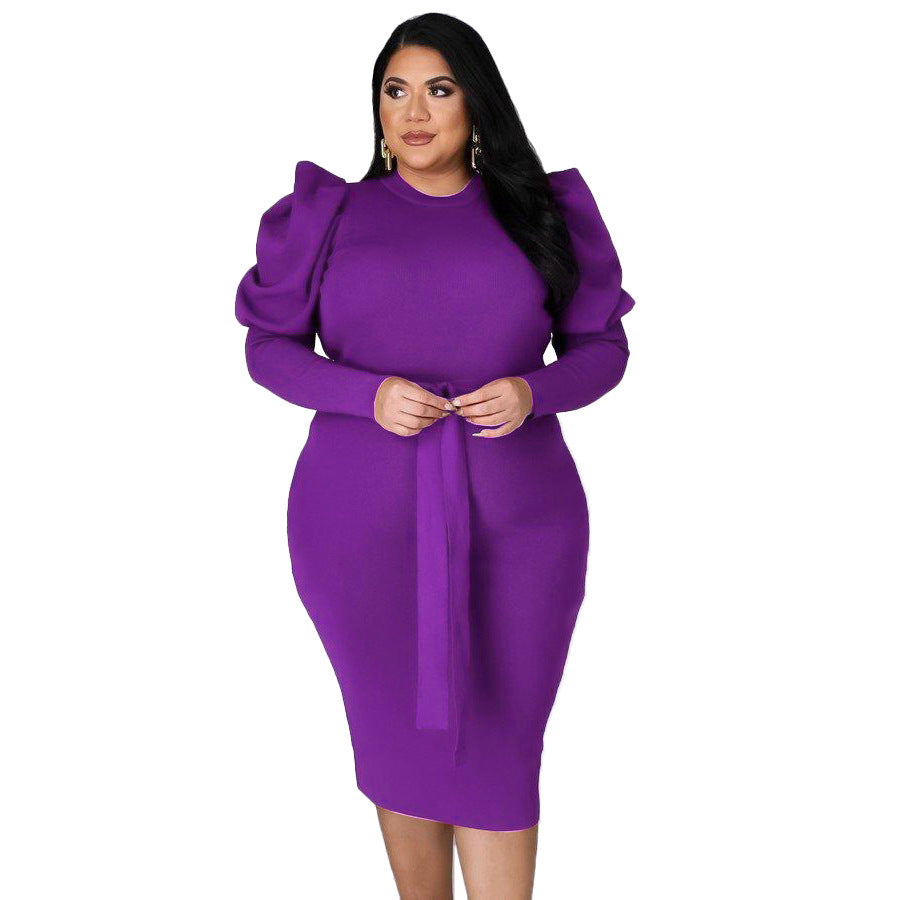 Women's Long Sleeve Belt Slim Fit Plus Size Dress