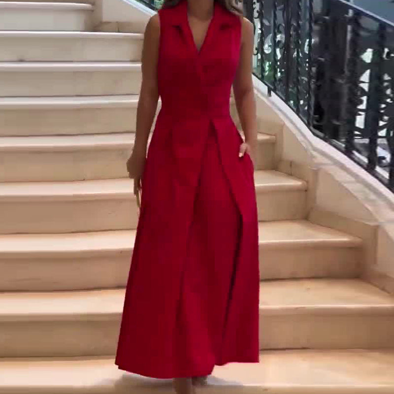 Vestido elegante sin mangas largo plisado con cuello polo de color sólido europeo y americano