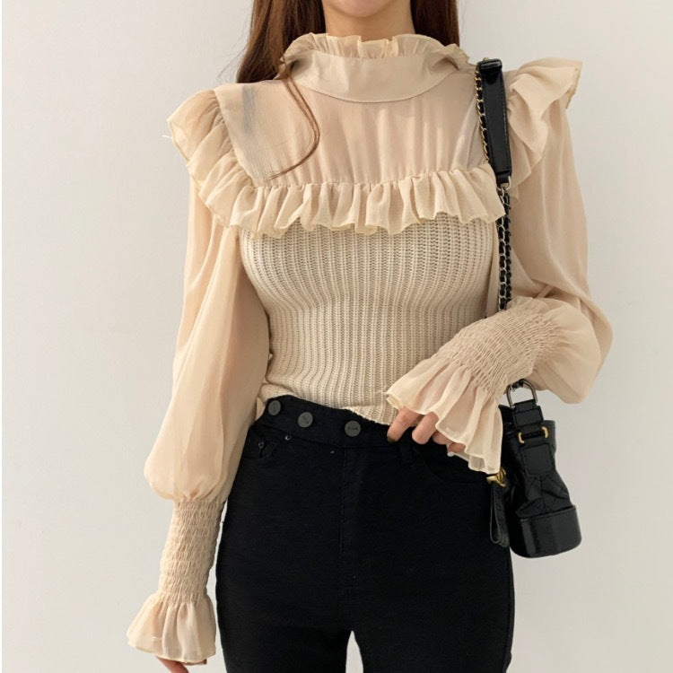 Stand-up Collar Fashion Stitching Chiffon Shirt