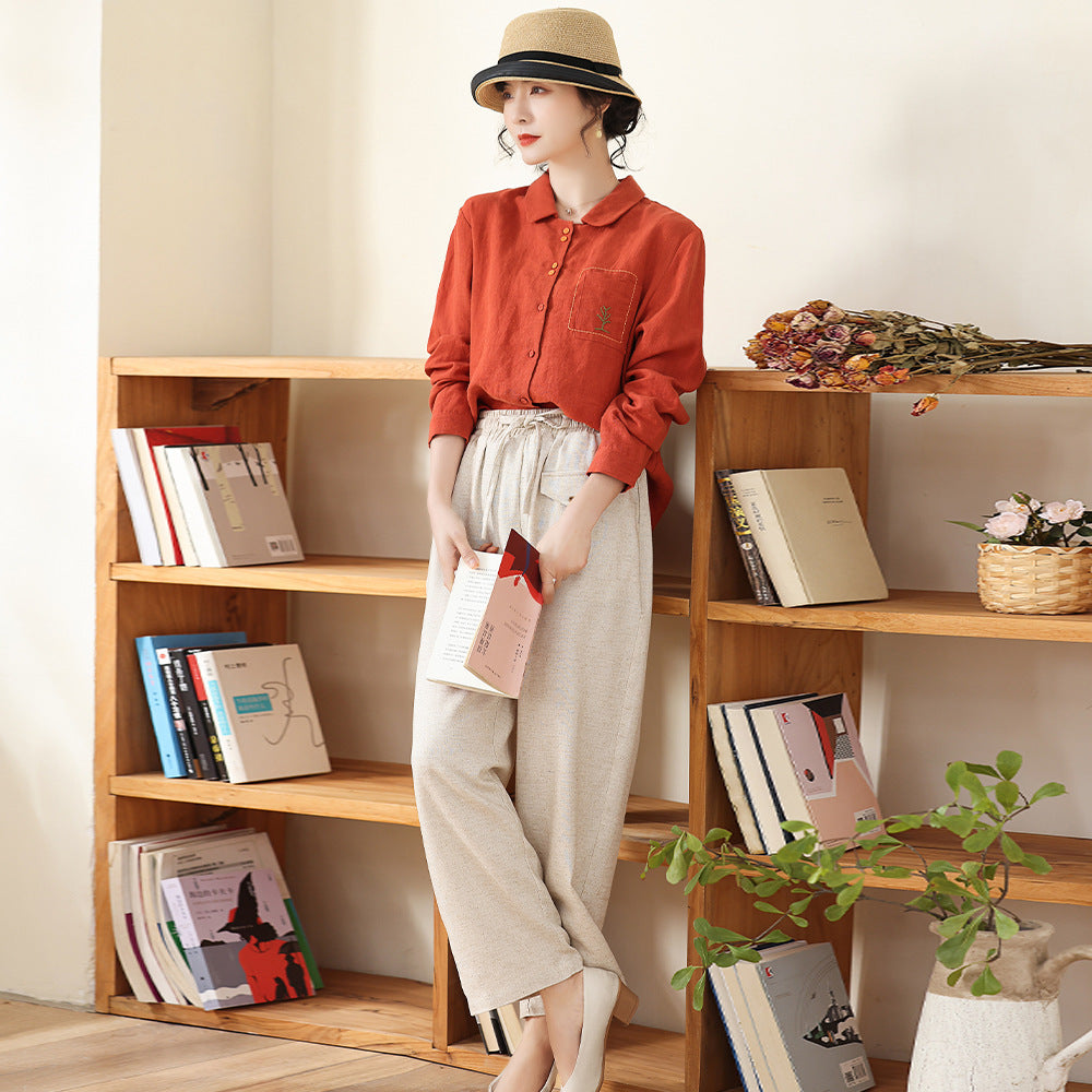 Camisa de lino y algodón para mujer con solapa