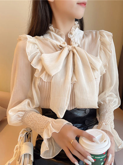 Women's Solid Color Sweet Lace Bow Shirt