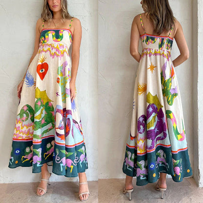 Women's Fashion Printed Loose Casual Sleeveless Sling Large Swing Maxi Dress Women