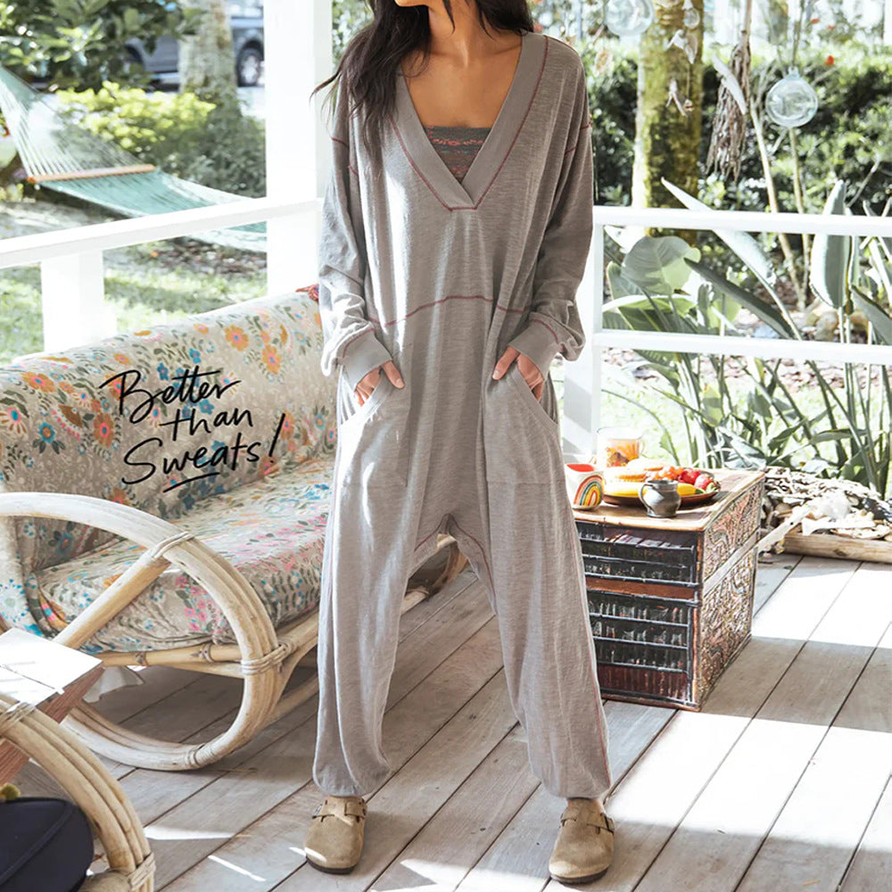 European And American Solid Color Fashion V-neck Long Sleeve Casual Loose Jumpsuit