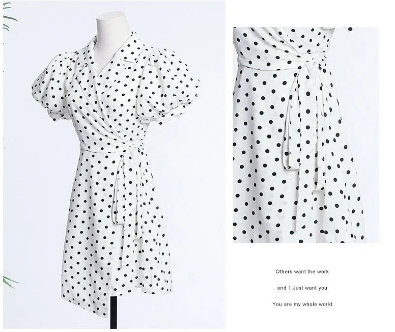 Retro Court Polka Dot Wrap Puff Sleeve Dress