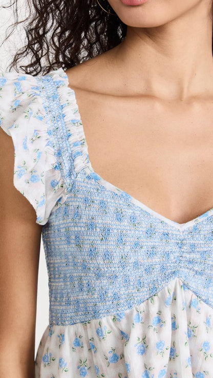 Robe ample élastique à petites fleurs bleues, Style vacances françaises