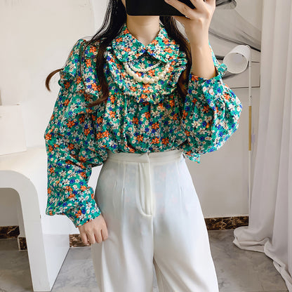 Camisa de gasa floral con cuello de muñeca Camisa con parte superior con volantes y cadena para mujer