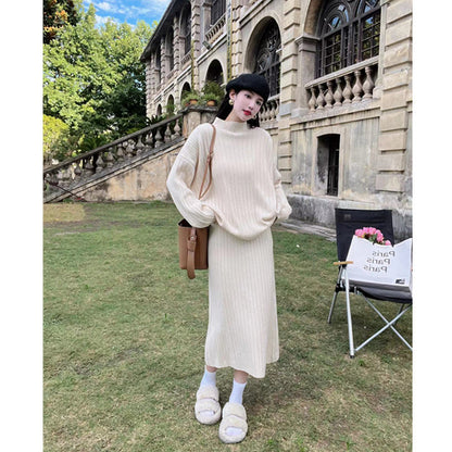 Autumn And Winter New Half Turtleneck Sunken Stripe Loose-fitting Women's Sweater Dress