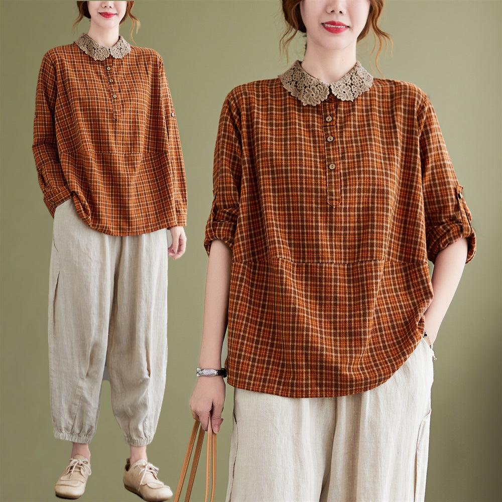 Ladies Loose Cotton And Linen Checkered Shirt