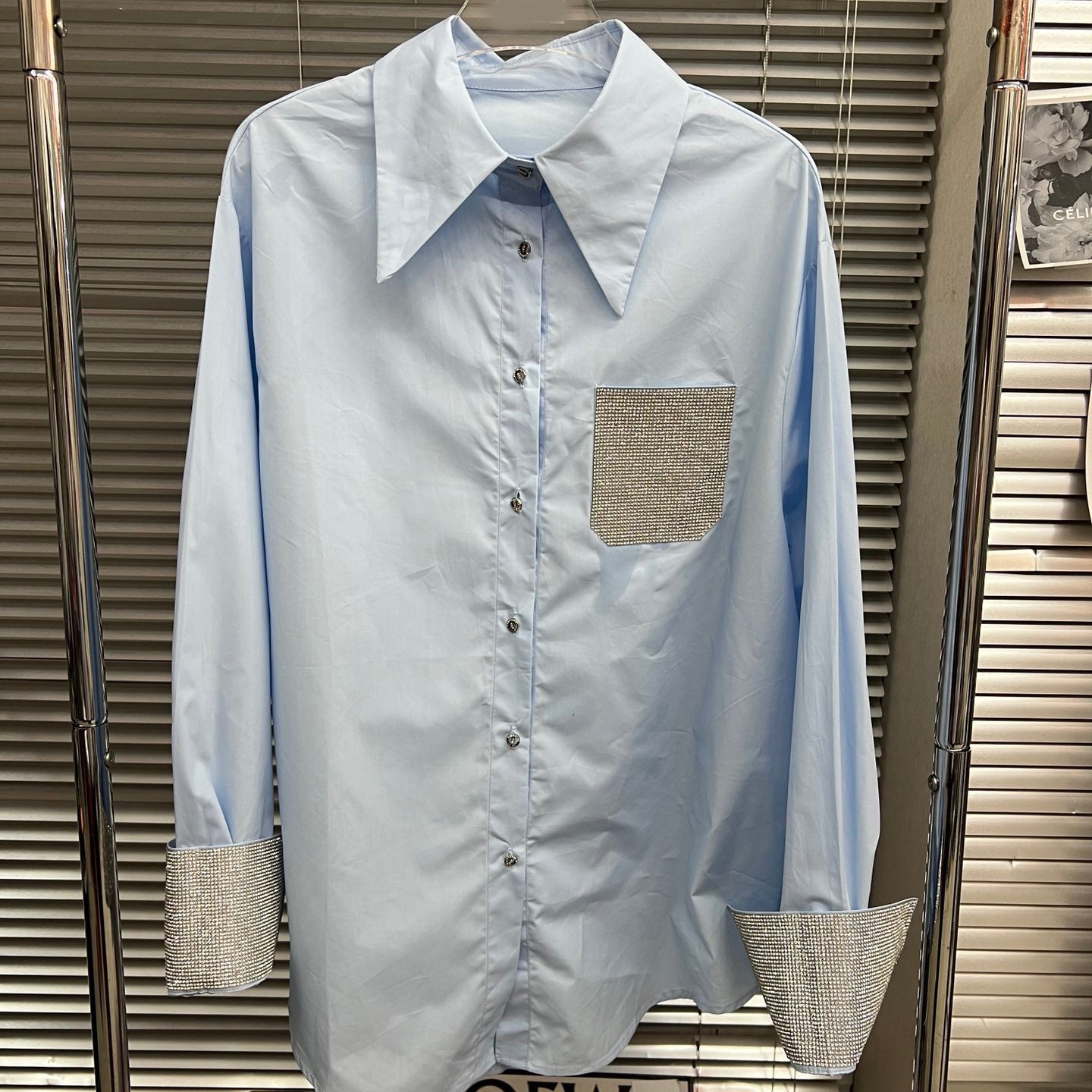 Blue Shirt Women's Cuff Ironing Drill Casual