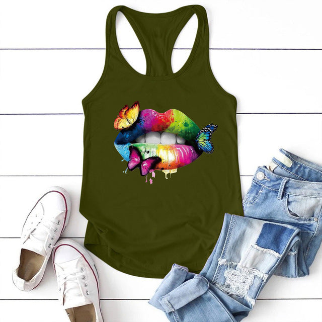 Multicolored Lips Butterflies Printed Tank Top Women