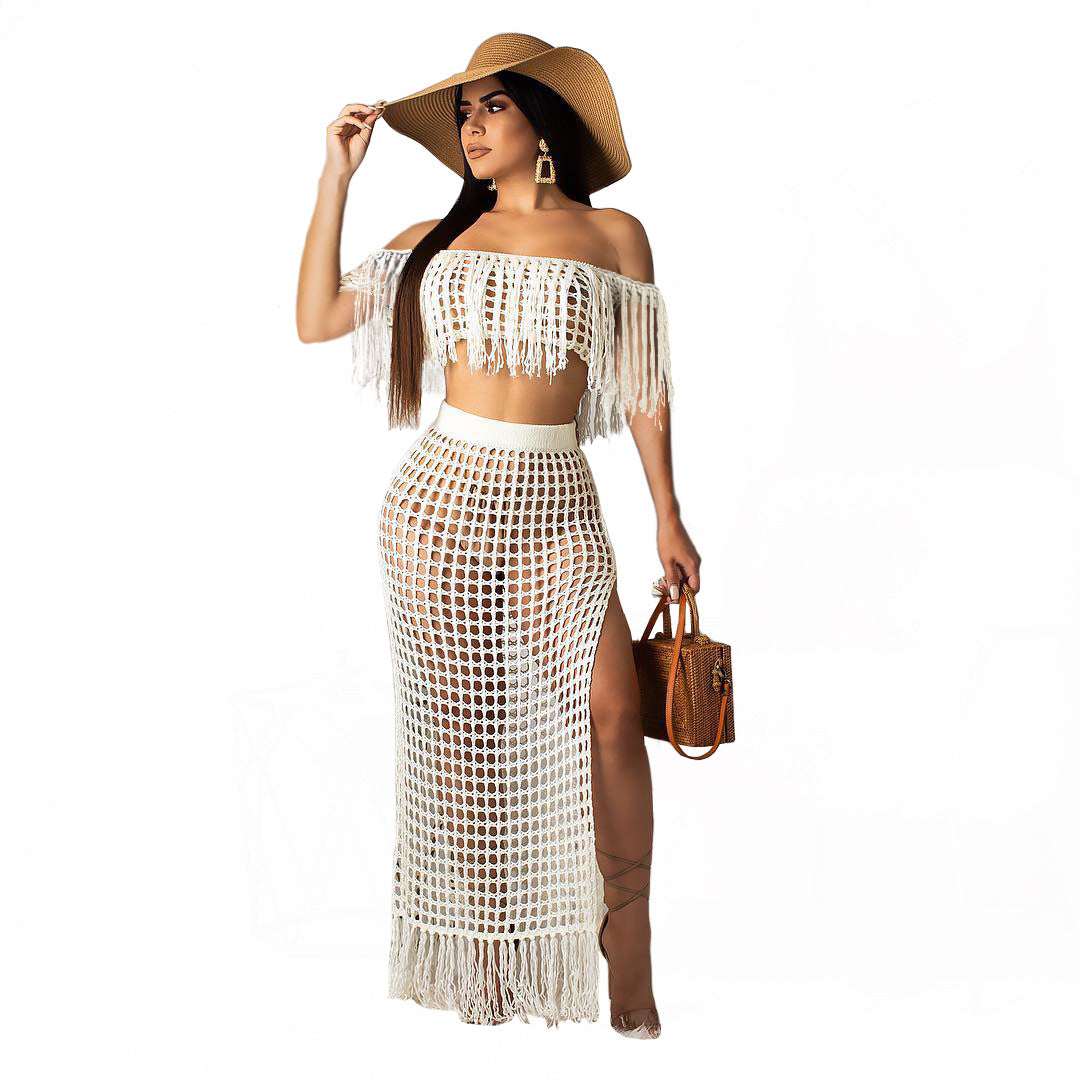 Hollow-out Handmade Tassel Off-shoulder Beach Skirt Suit