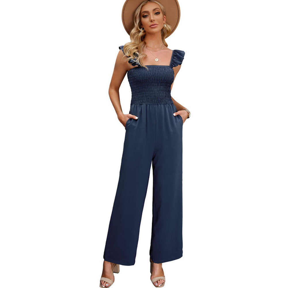 Summer Solid Pocket Casual Loose Wide Leg Jumpsuit