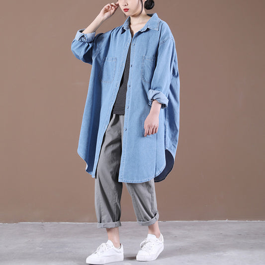 Printed Mid-length Denim Cardigan Shirt Dress