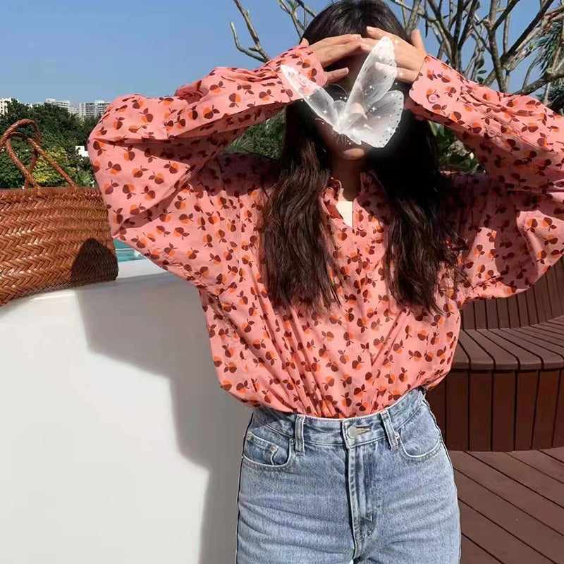 Camisa de manga larga con solapa floral linda y dulce Mujer