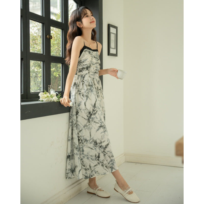 Summer French Style Temperament Design Waist Slimming Sling Flower In Ink Mid-length Dress