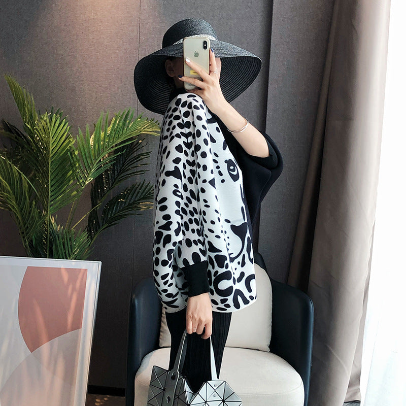 Pleated Coat Loose And Slim Plus Size Long-sleeved Leopard Print