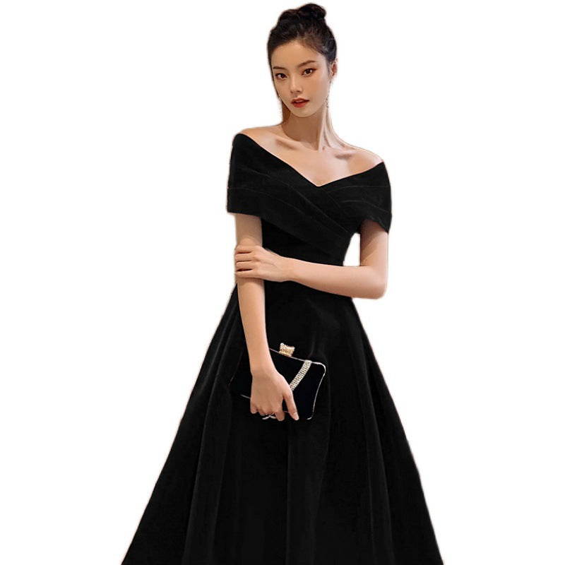 Black Slimming Off-shoulder Long Banquet Temperament Evening Dress