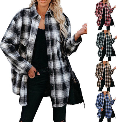 Plaid Shirt Women Spring Mid-length Loose Blouse Turndown Collar Shirt Clothing