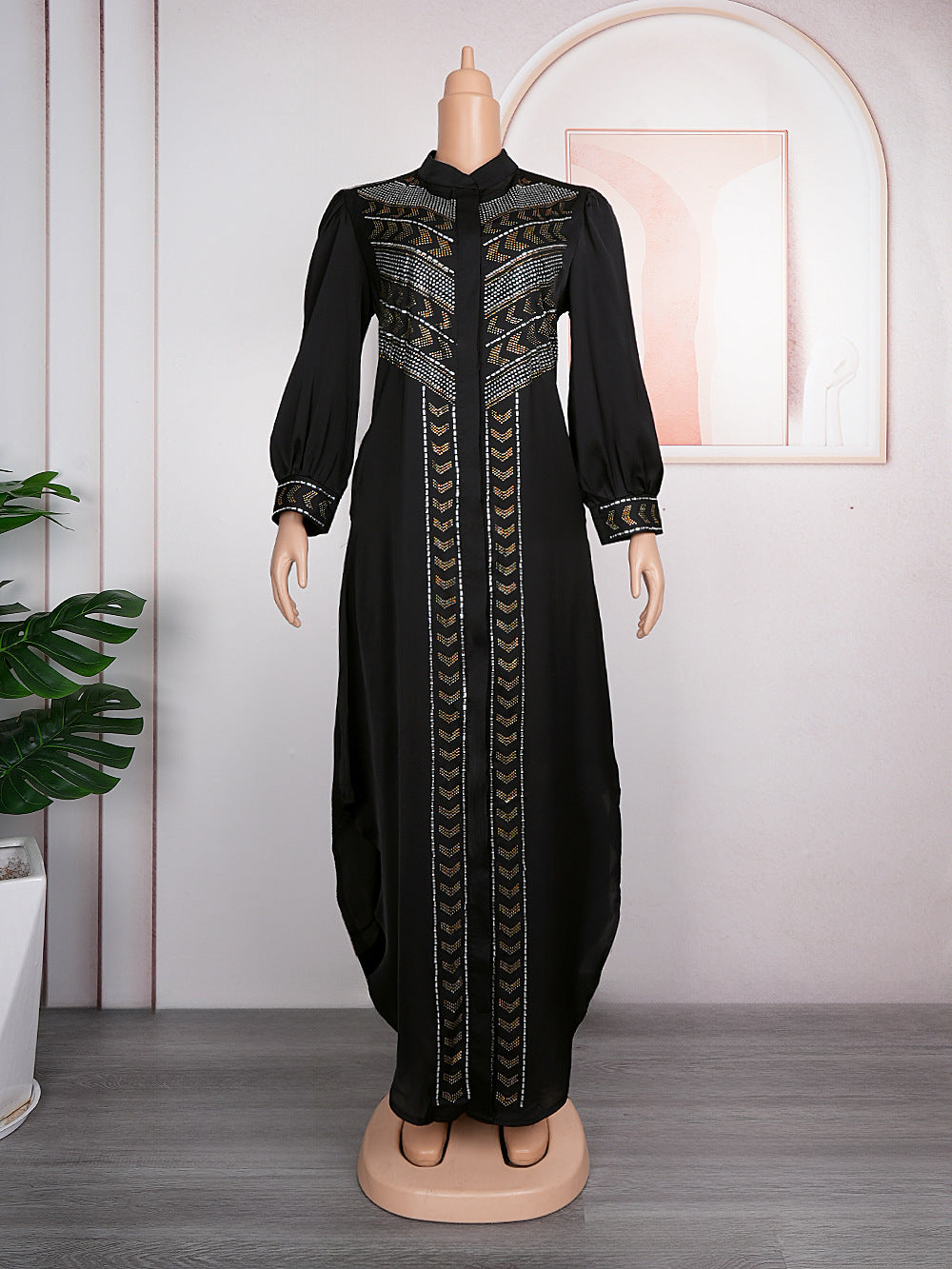 Women's Black Rhinestone Robe African Beaded Cardigan Plus Size Dress