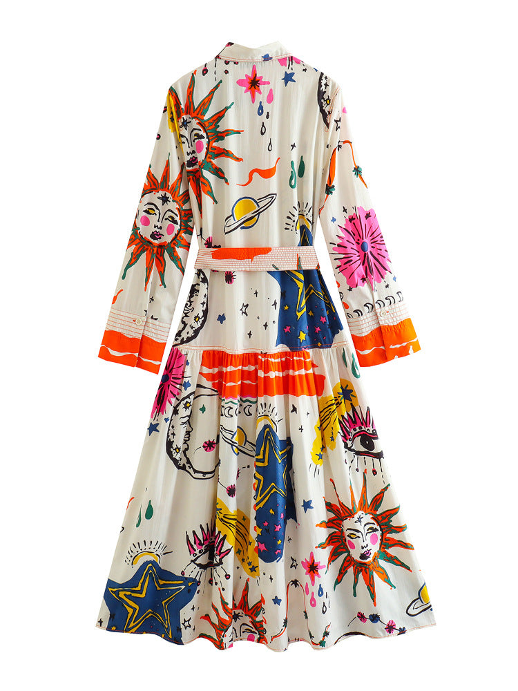 Women's Shirt Collar Waistband Printed Mid-length Dress