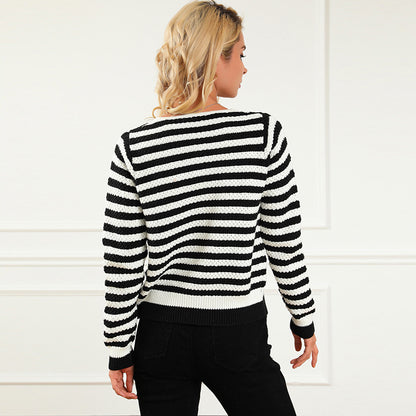 Pull Cardigan Rayé Contrasté Femme