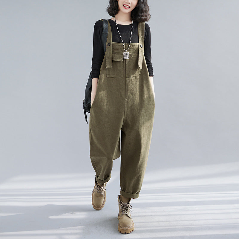 Loose Women's Wear Large Pocket Harem Denim Suspender Pants