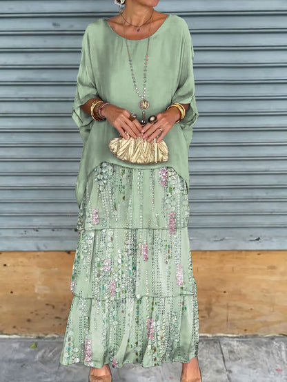 Vestido largo con cuello redondo y manga murciélago de malla de gasa para mujer