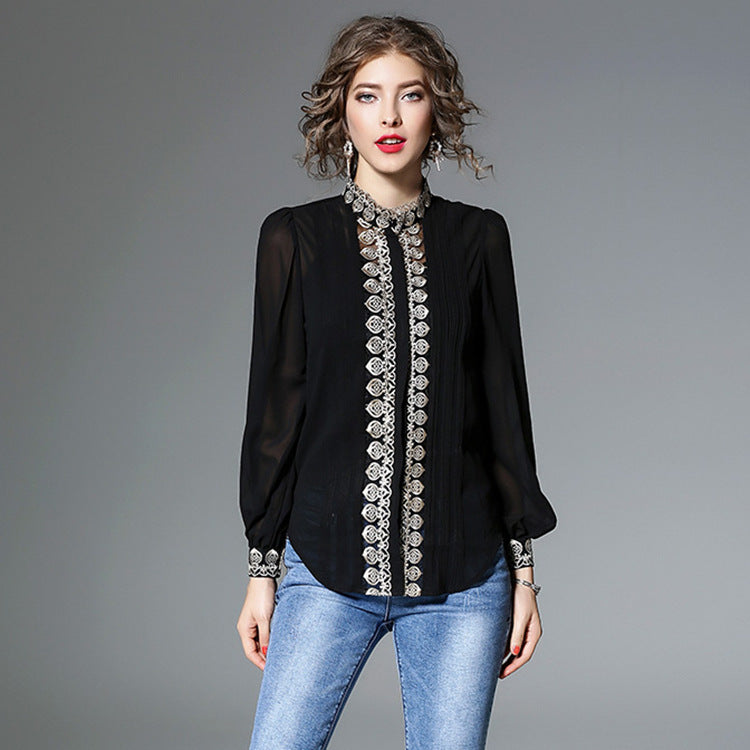 Slim Fit And Slim Heavy Embroidery Blouse With Suspenders