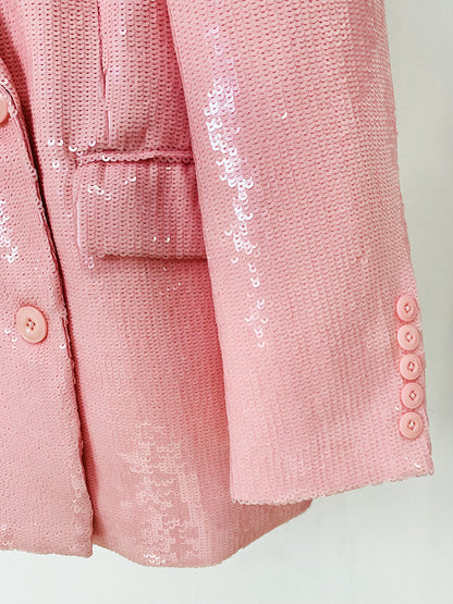 Blazer de lentejuelas rosa con raíz de loto suelta y doble botonadura de moda para mujer