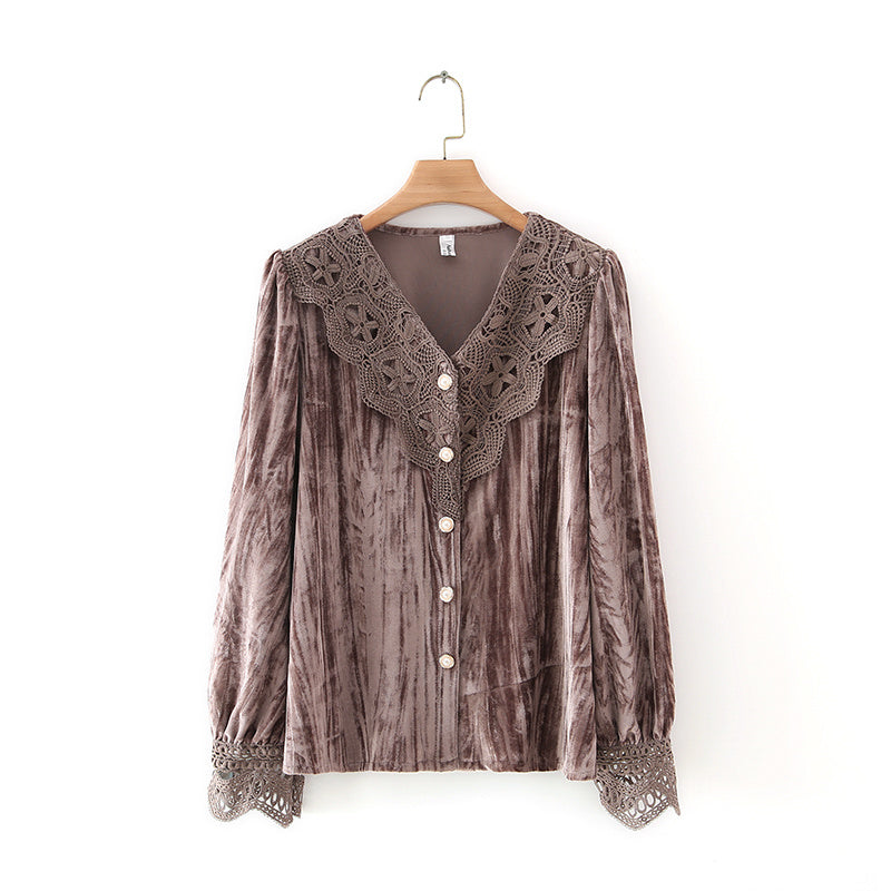 Lace Stitching Velvet Long-sleeved Shirt Top