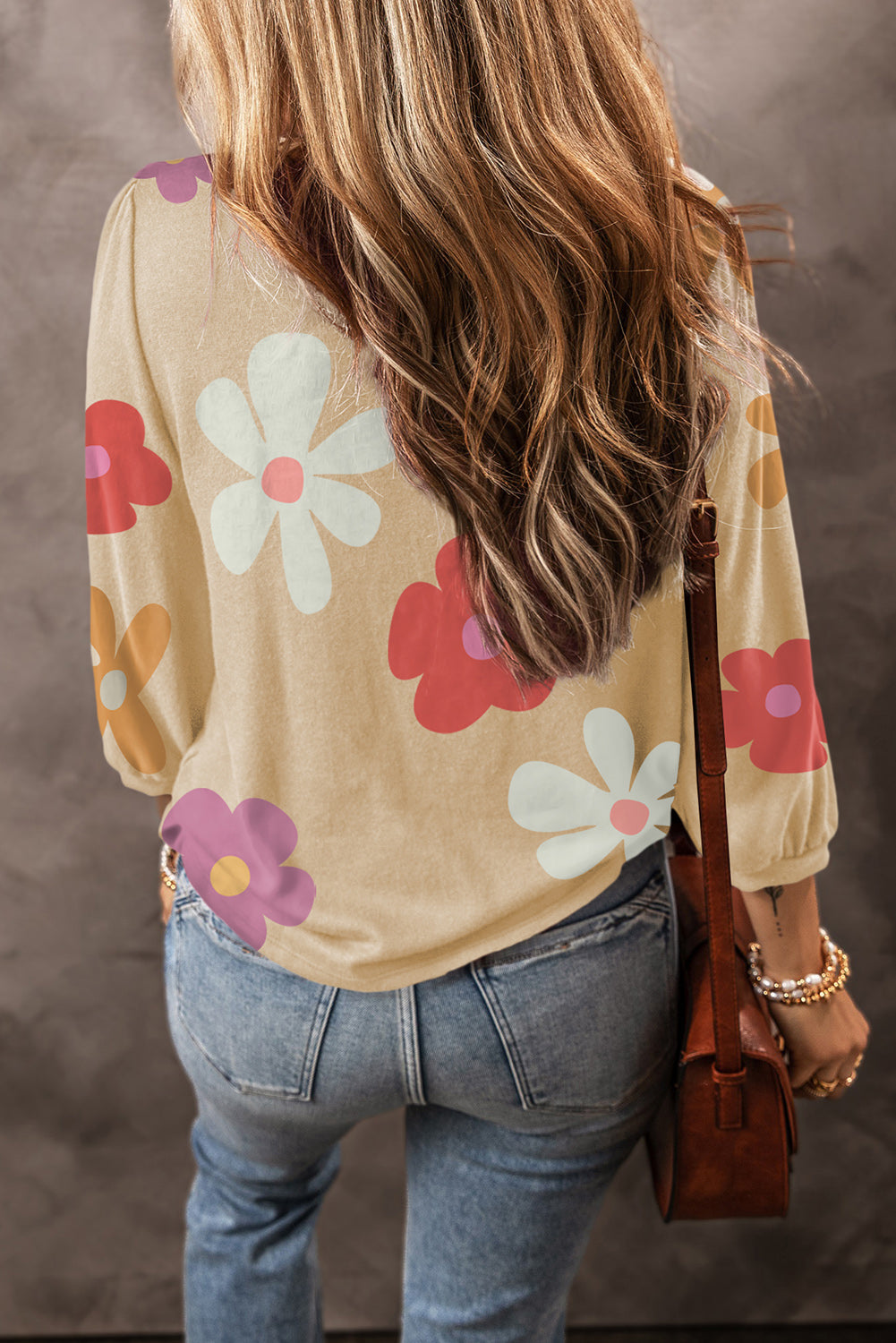 Top con manga de pulsera con estampado de flores lindas albaricoque