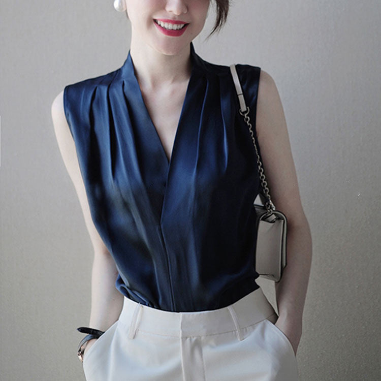 Heavy Stacked Sleeveless Silk Shirt Blue And White