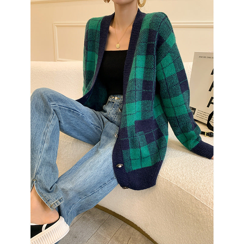 Green Plaid Mohair Women's Trendy Knit Cardigan