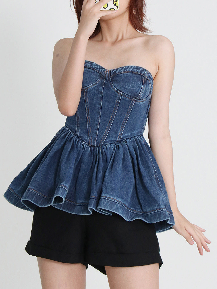 Nuevo diseño temperamento Denim Bra Wash Ruffle Top Mujer