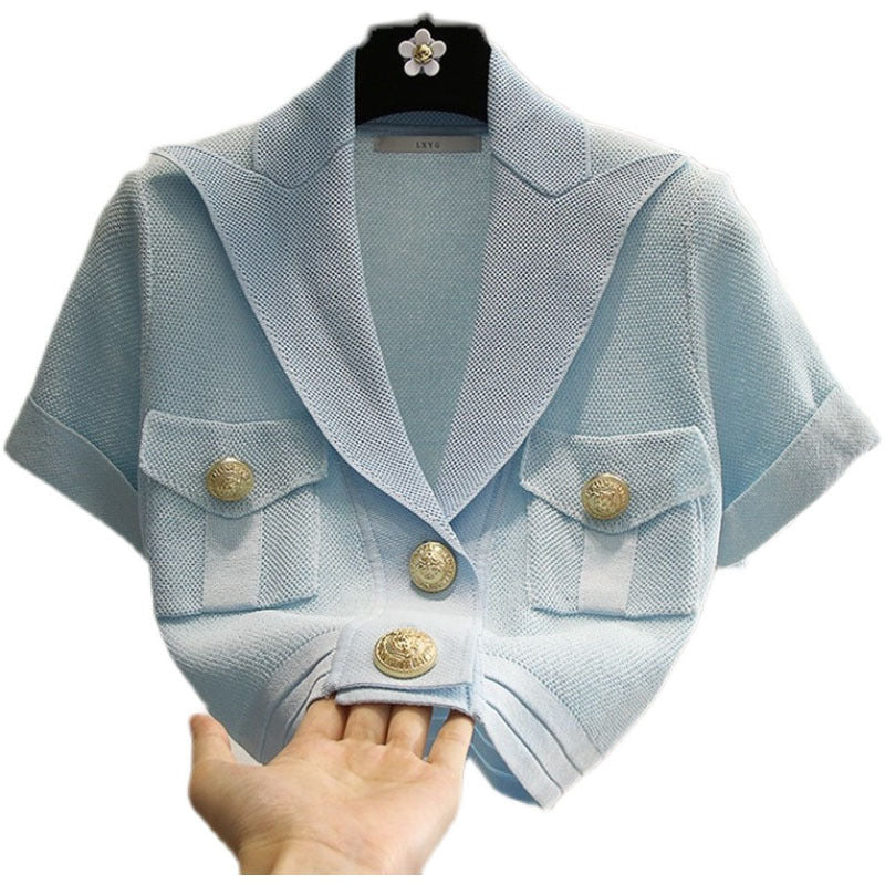 Women's Metal Button Lapel Short Sleeve Ice Silk Knitted Sweater