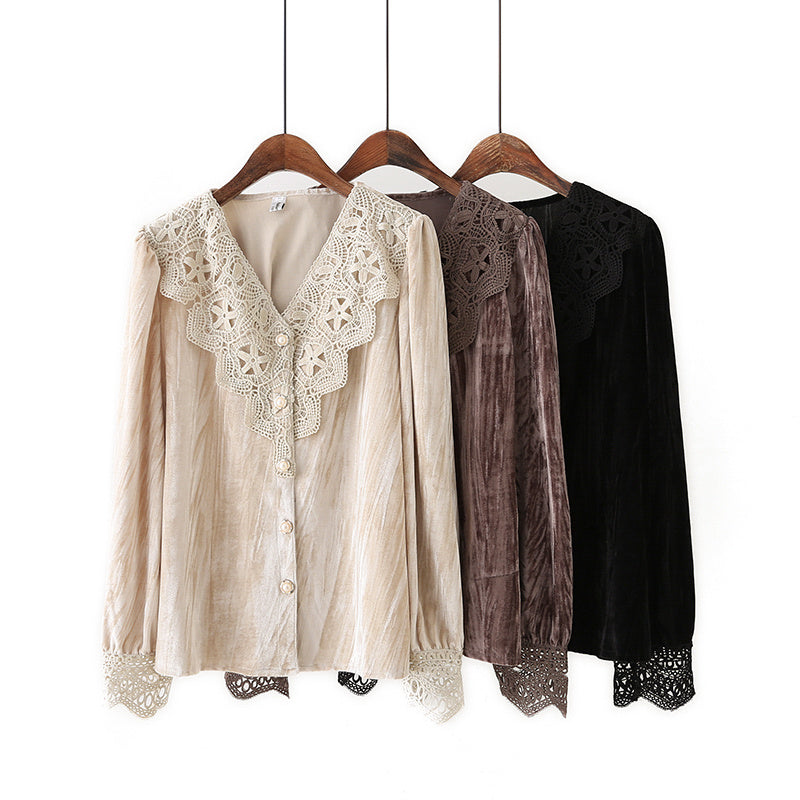 Lace Stitching Velvet Long-sleeved Shirt Top