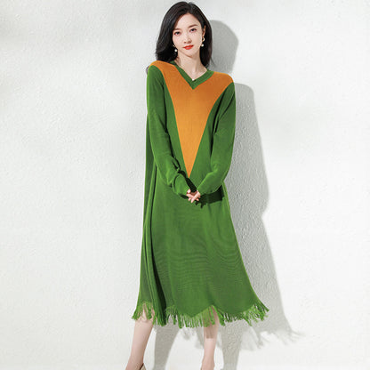 Mid-length Knitted Ice Silk Stitching Thin Tassel Dress