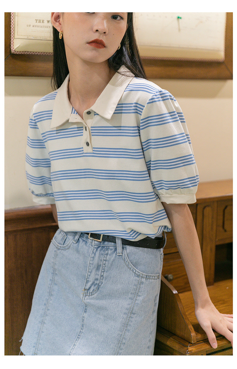 Striped Cotton Short Sleeved T Shirt Lapel Korean Style Design Loose Top