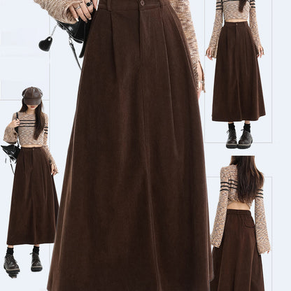 Brown Corduroy High Waist Skirt For Women