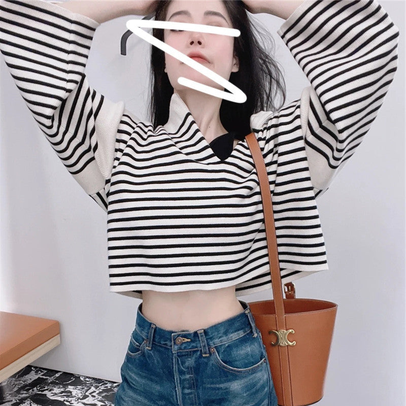 New V-neck Shoulder Button Knit Loose Stripe Women's Sweater