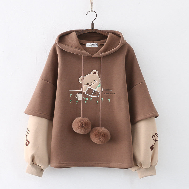 Japanese Mori Winter Fleece-lined Thickening Embroidery Painting Bear Hooded Pullover Women's Sweater